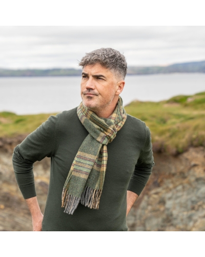 John Hanly Irish wool scarf dark green/mint/mustard check