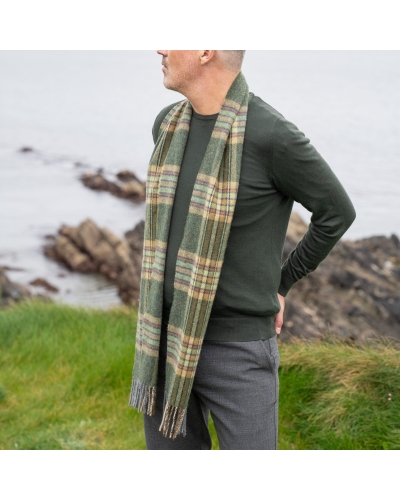 John Hanly Irish wool scarf dark green/mint/mustard check