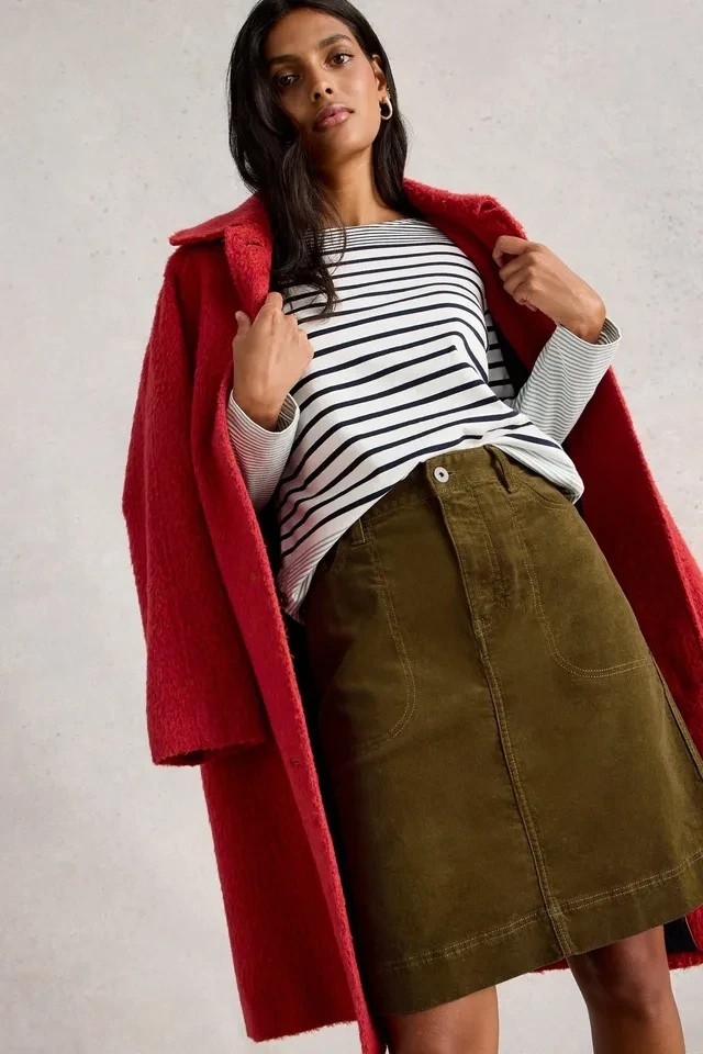 White Stuff Tia cord midi skirt khaki groen