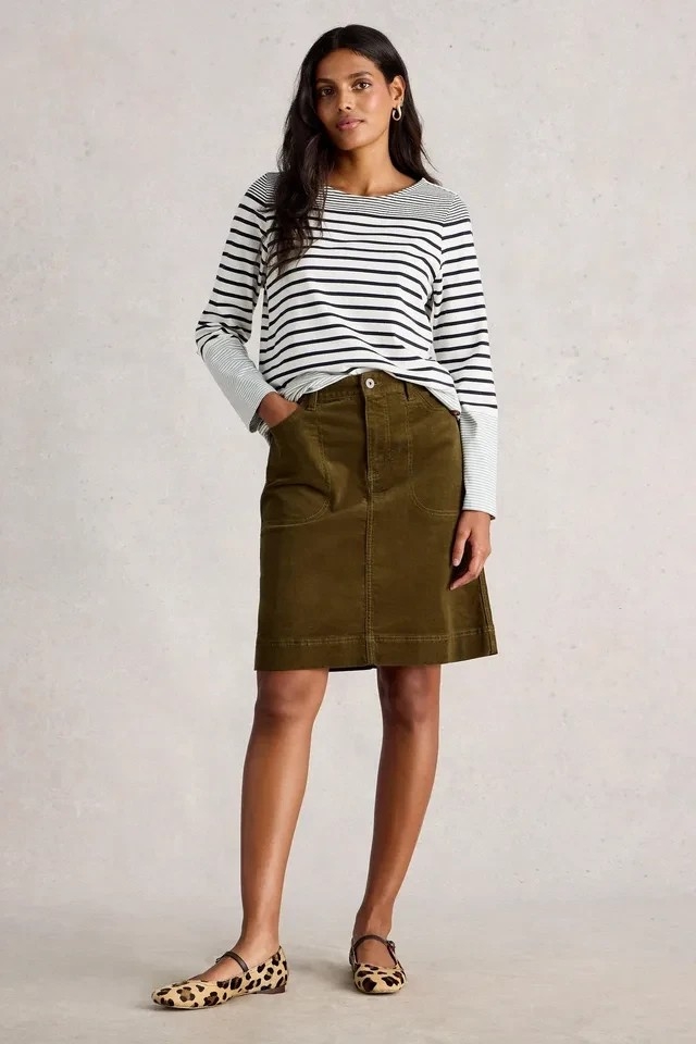 White Stuff Tia cord midi skirt khaki groen