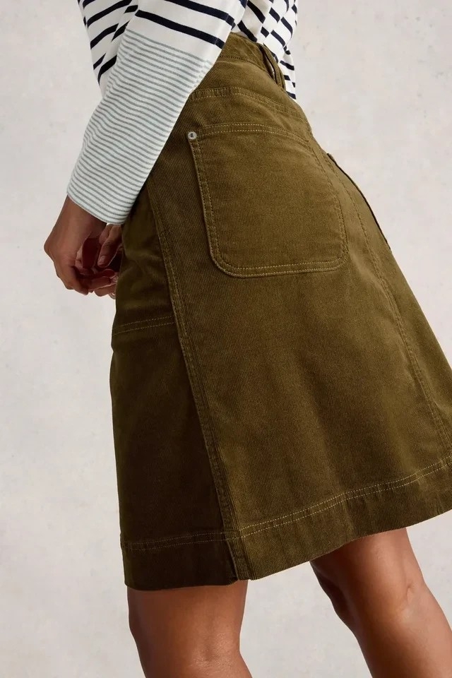 White Stuff Tia cord midi skirt khaki groen