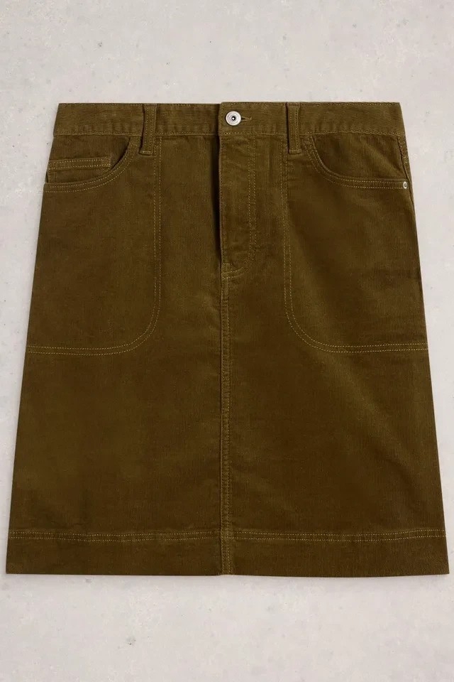 White Stuff Tia cord midi skirt khaki groen