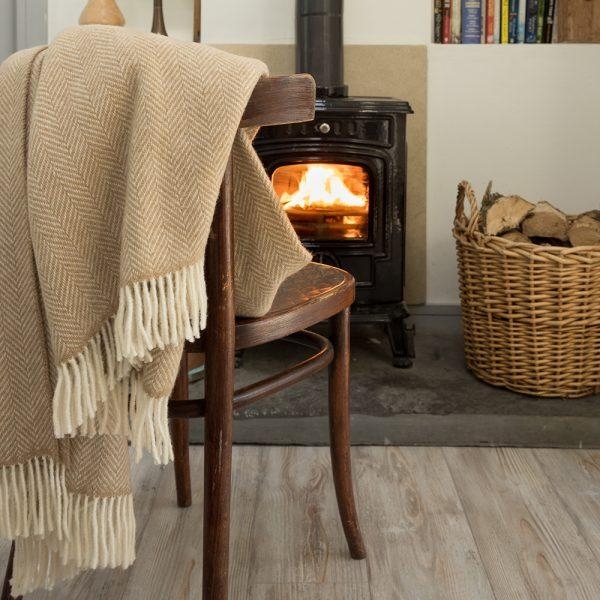 John Hanly Merino cashmere throw beige herringbone