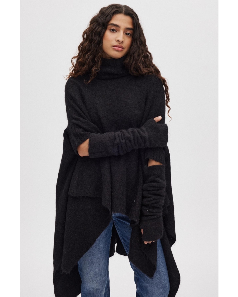 Rabens Saloner Dede - Fluffy knit poncho black