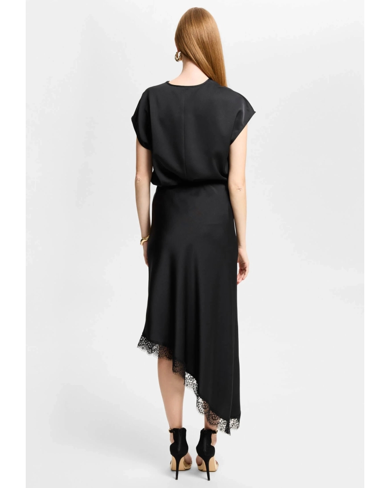 Swing Satin skirt wtih asymmetrical lace black