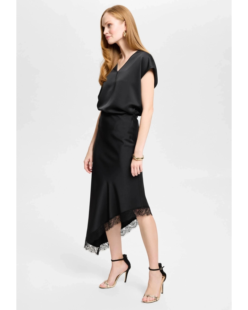 Swing Satin skirt wtih asymmetrical lace black