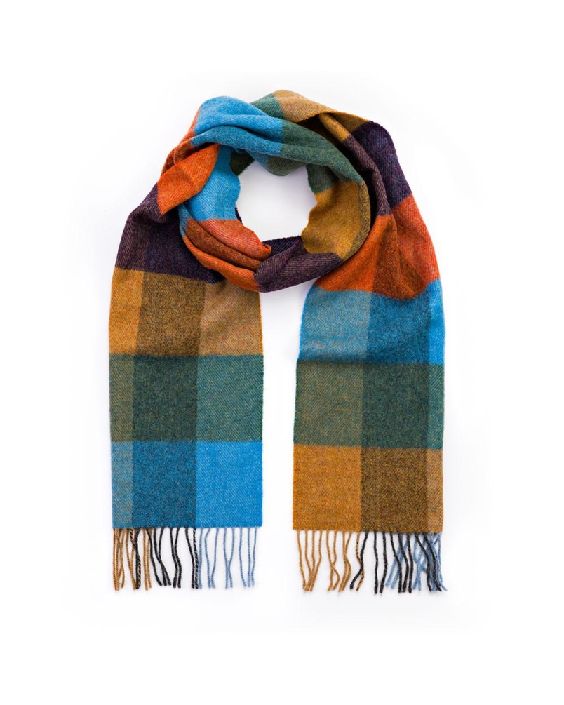 John Hanly Irish wool scarf mustard/green/blue/orange/blackberry check