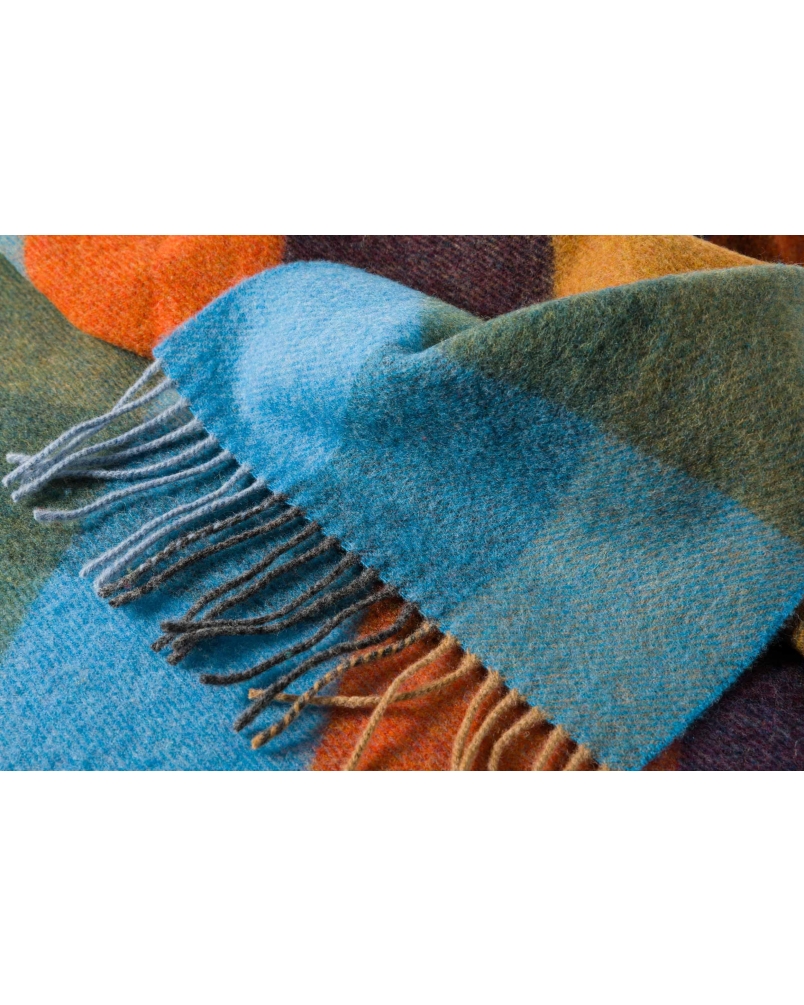 John Hanly Irish wool scarf mustard/green/blue/orange/blackberry check