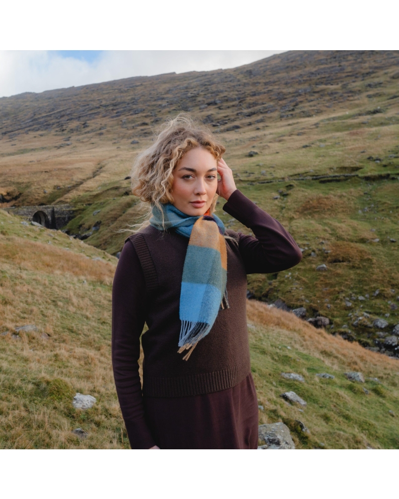 John Hanly Irish wool scarf mustard/green/blue/orange/blackberry check