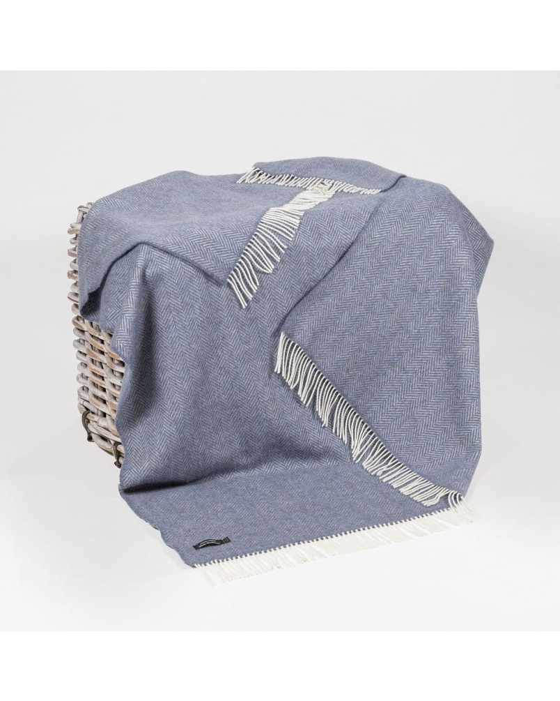 John Hanly Merino wool cashmere throw denim cream herringbone