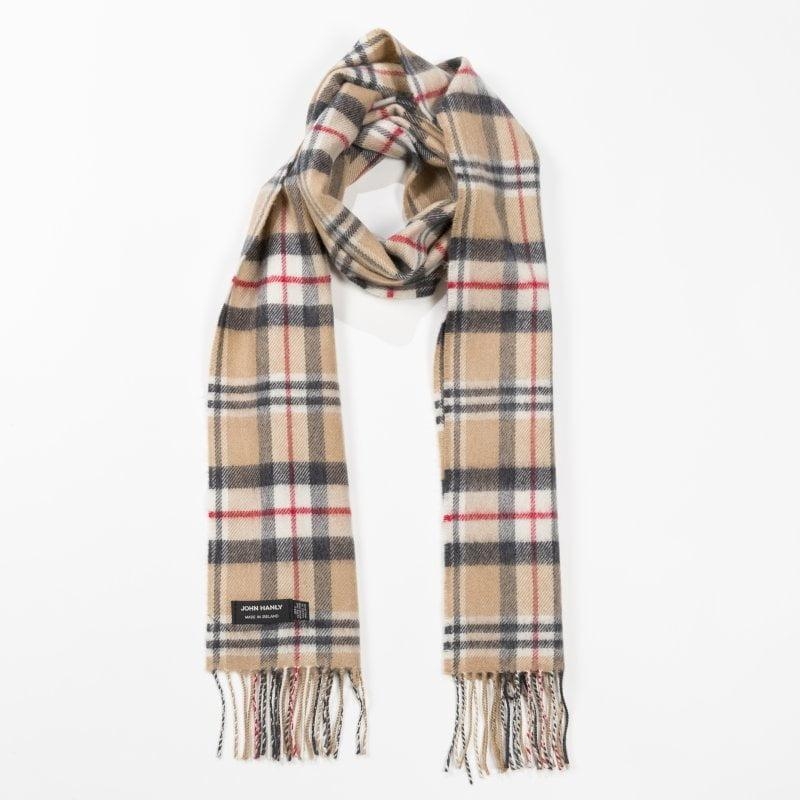 John Hanly Merino luxury wool scarf classic camel tartan