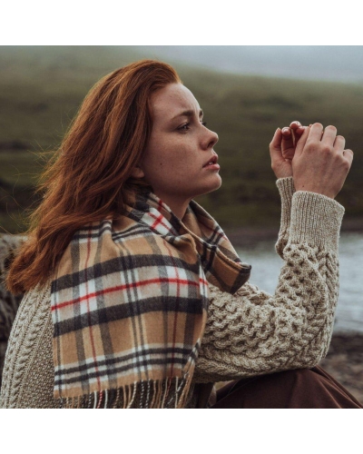 John Hanly Merino luxury wool scarf classic camel tartan