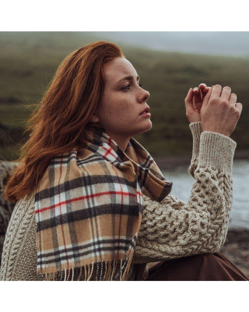 John Hanly Merino luxury wool scarf classic camel tartan