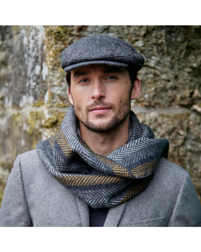 John Hanly Irish cashmere merino wool scarf grey/mustard stripe