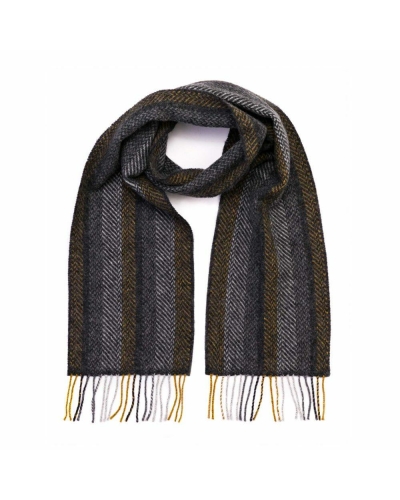 John Hanly Irish cashmere merino wool scarf grey/mustard stripe