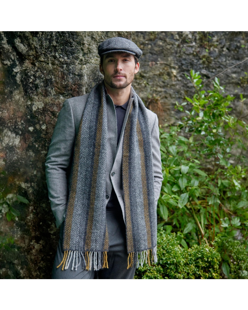 John Hanly Irish cashmere merino wool scarf grey/mustard stripe
