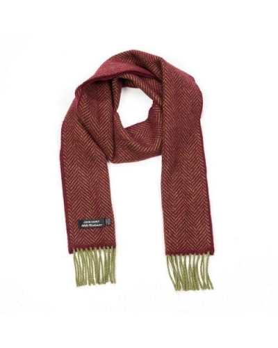 John Hanly Irish cashmere merino wool scarf olive/maroon herringbone
