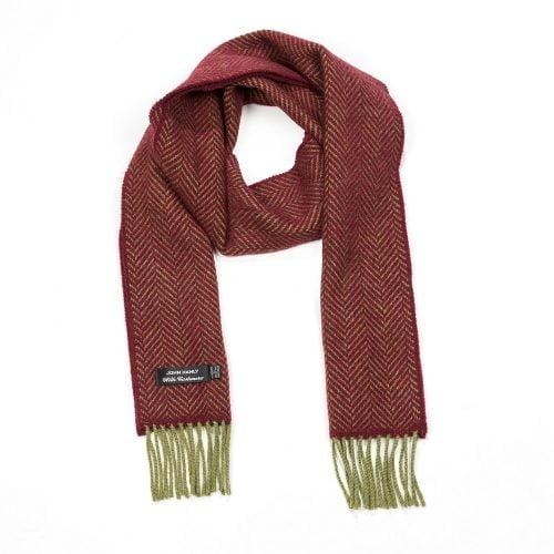 John Hanly Irish cashmere merino wool scarf olive/maroon herringbone