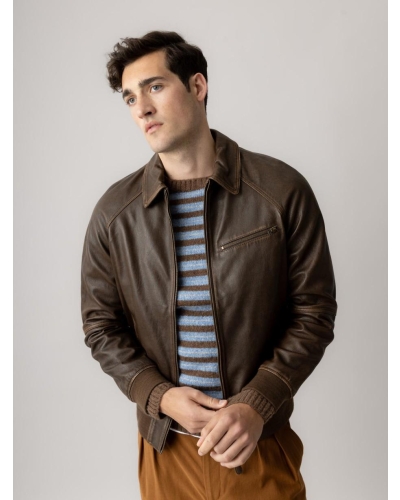 Mos Mosh Gallery Carlos stripe crew neck knit chocolate brown melange