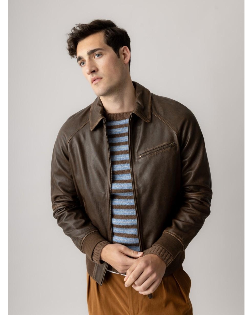 Mos Mosh Gallery Carlos stripe crew neck knit chocolate brown melange