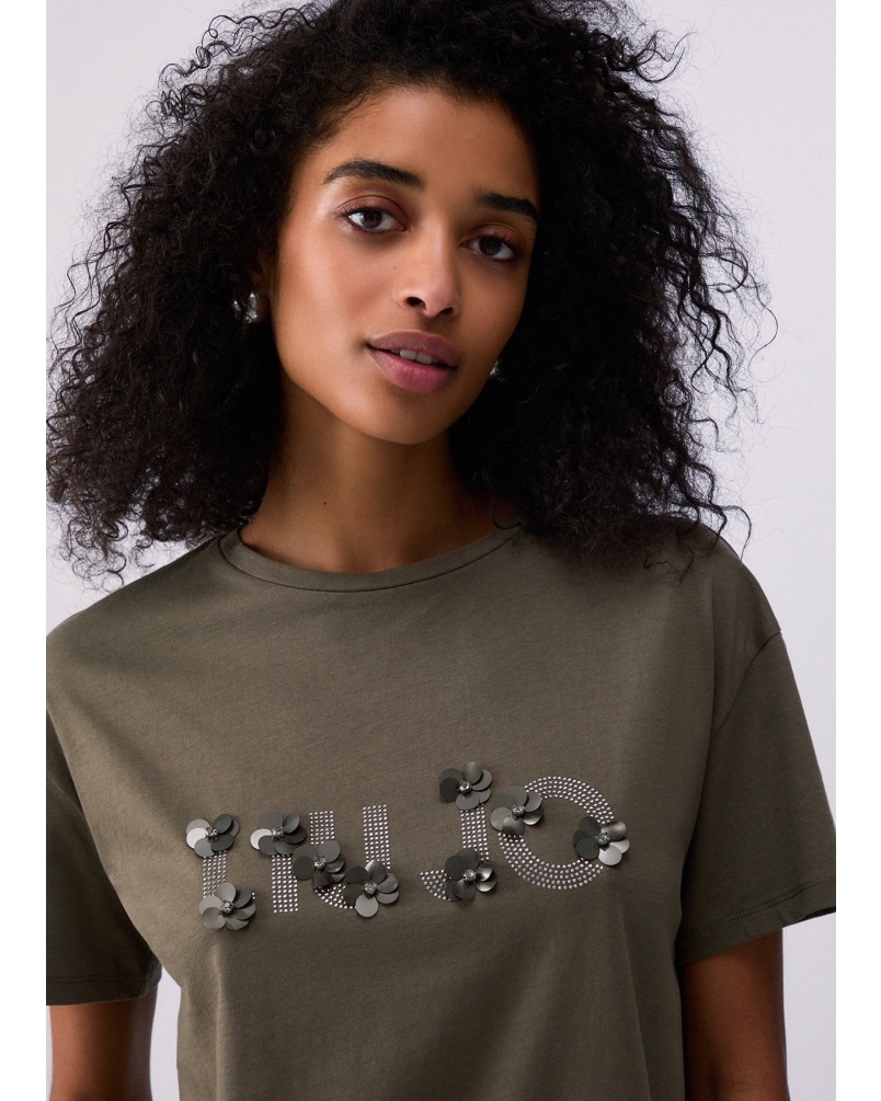 Liu Jo T-shirt with gemstone appliqués olive
