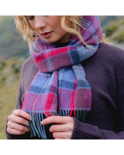 John Hanly Irish wool scarf raspberry/red/lavender/purple check