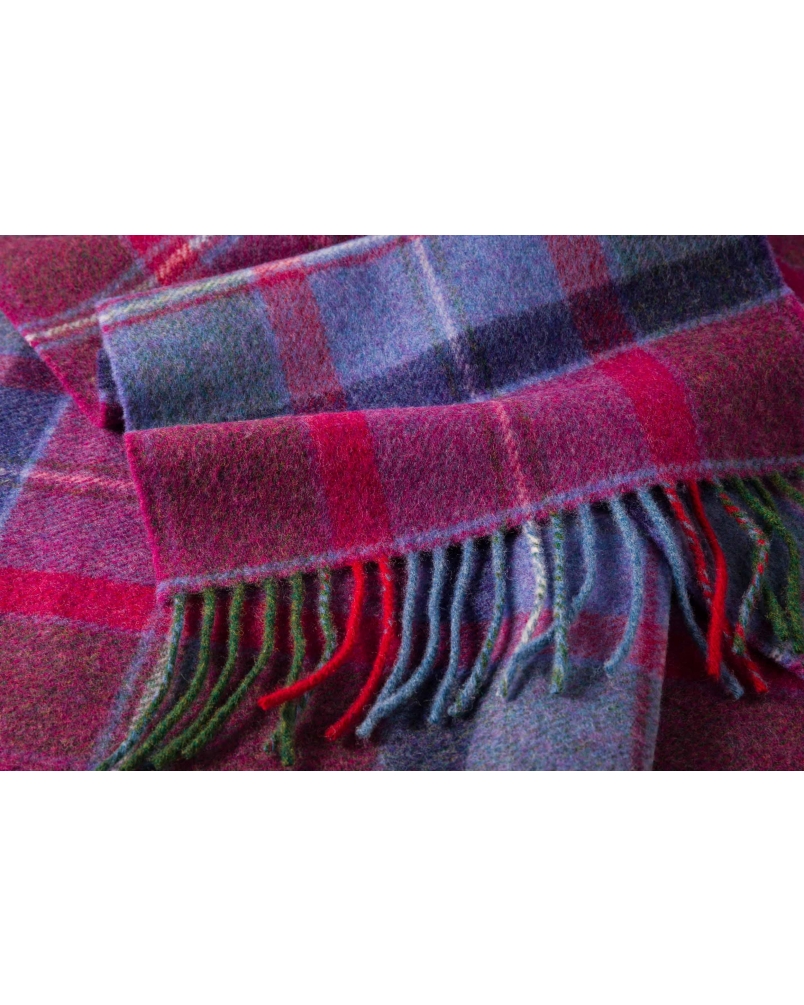 John Hanly Irish wool scarf raspberry/red/lavender/purple check