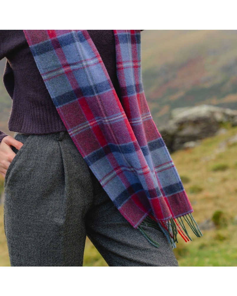 John Hanly Irish wool scarf raspberry/red/lavender/purple check