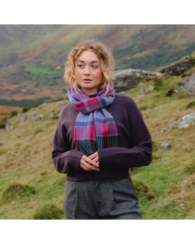 John Hanly Irish wool scarf raspberry/red/lavender/purple check