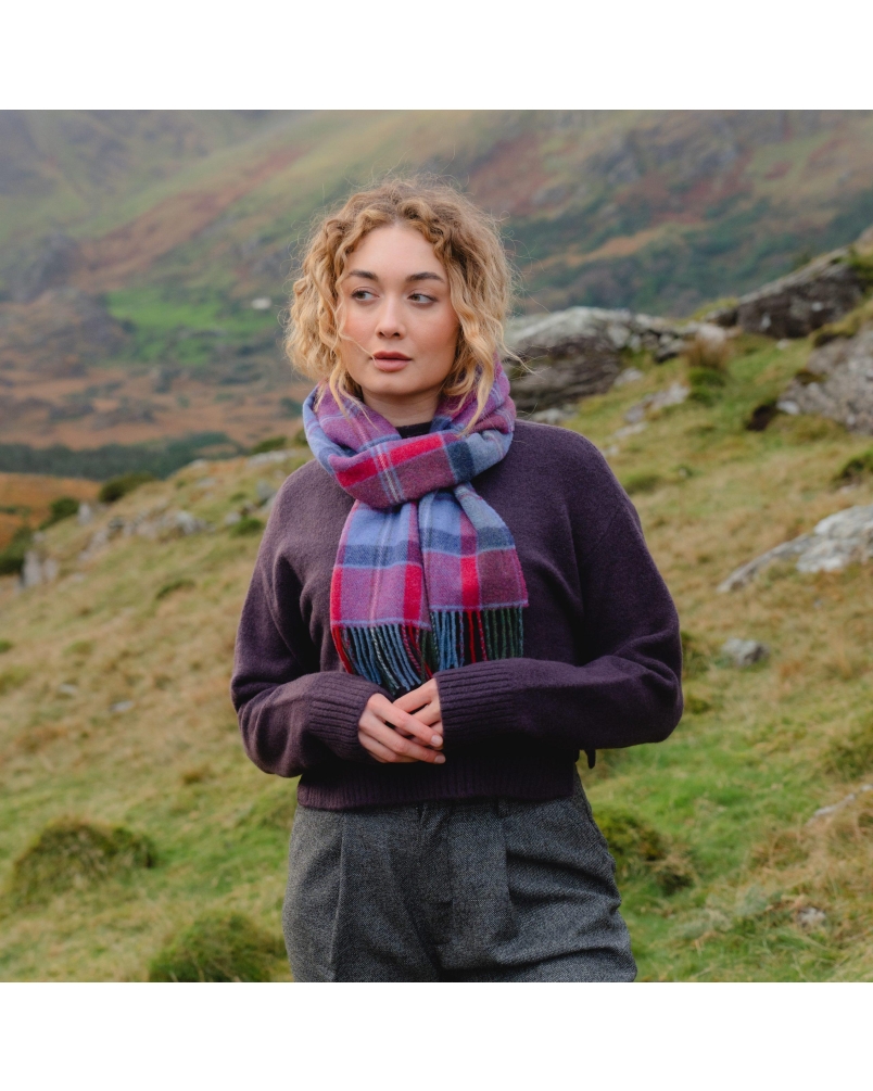 John Hanly Irish wool scarf raspberry/red/lavender/purple check