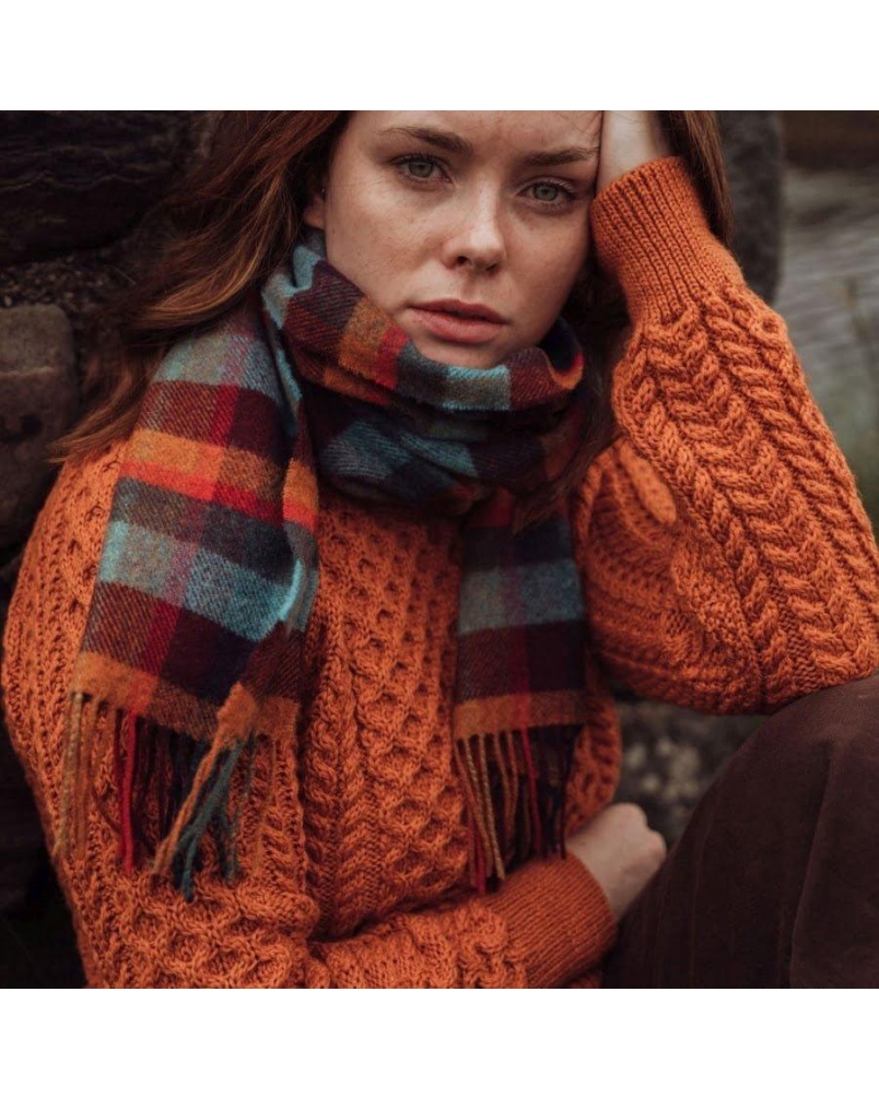 John Hanly Irish wool scarf orange teal/denim blue