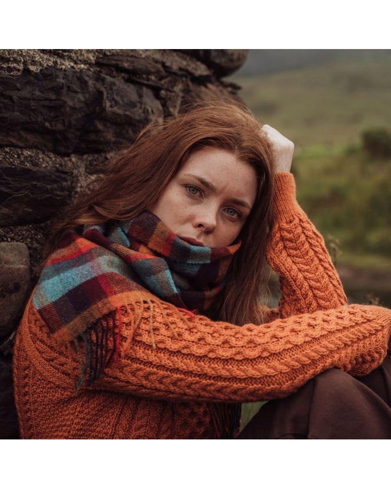 John Hanly Irish wool scarf orange teal/denim blue