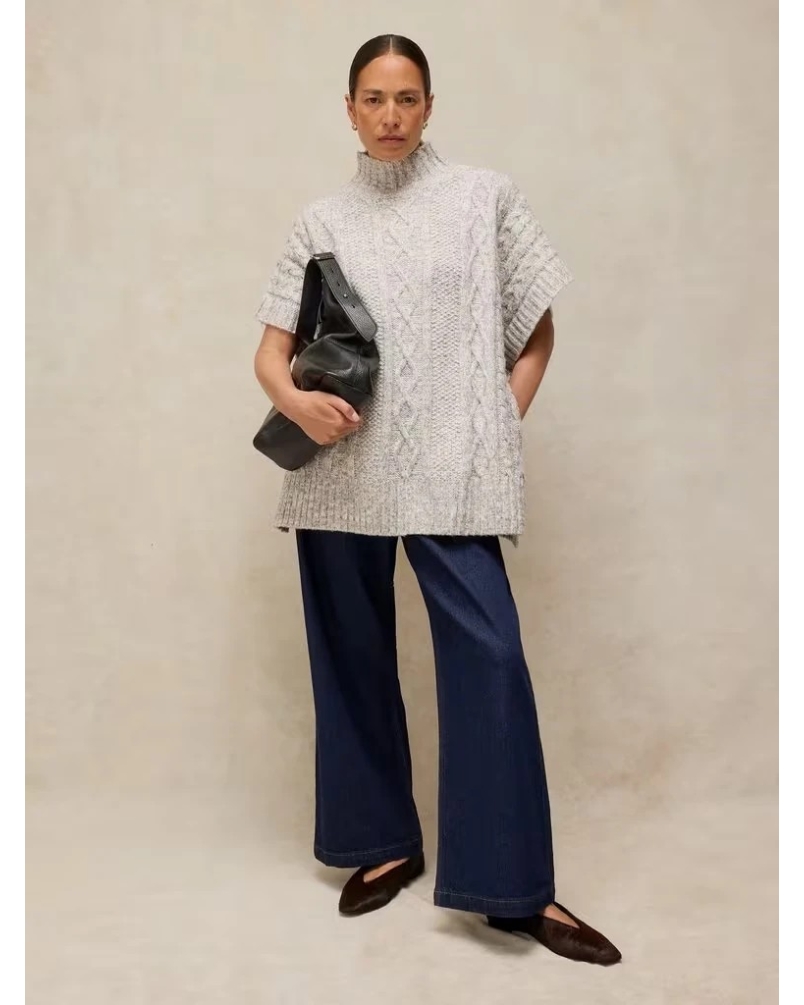 White Stuff Cable stitch poncho light grey