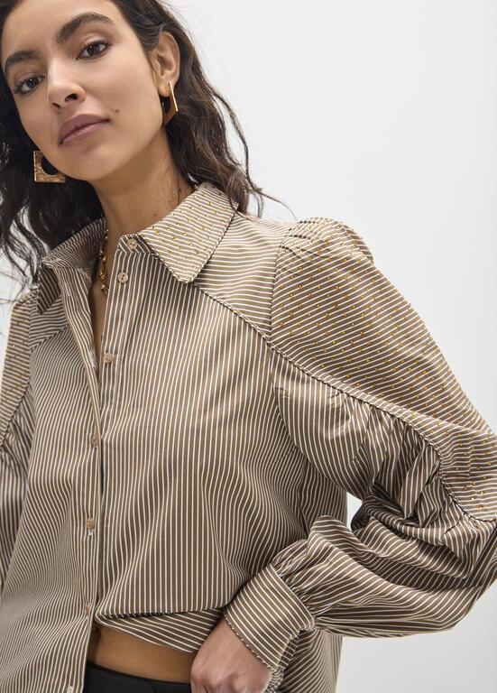Lola Casademunt Shirt with stripes and tone-on-tone strass brown/ecru