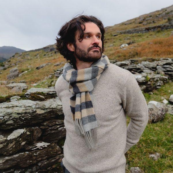 John Hanly Irish wool scarf grey/camel/silver stripe herringbone