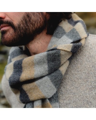 John Hanly Irish wool scarf grey/camel/silver stripe herringbone