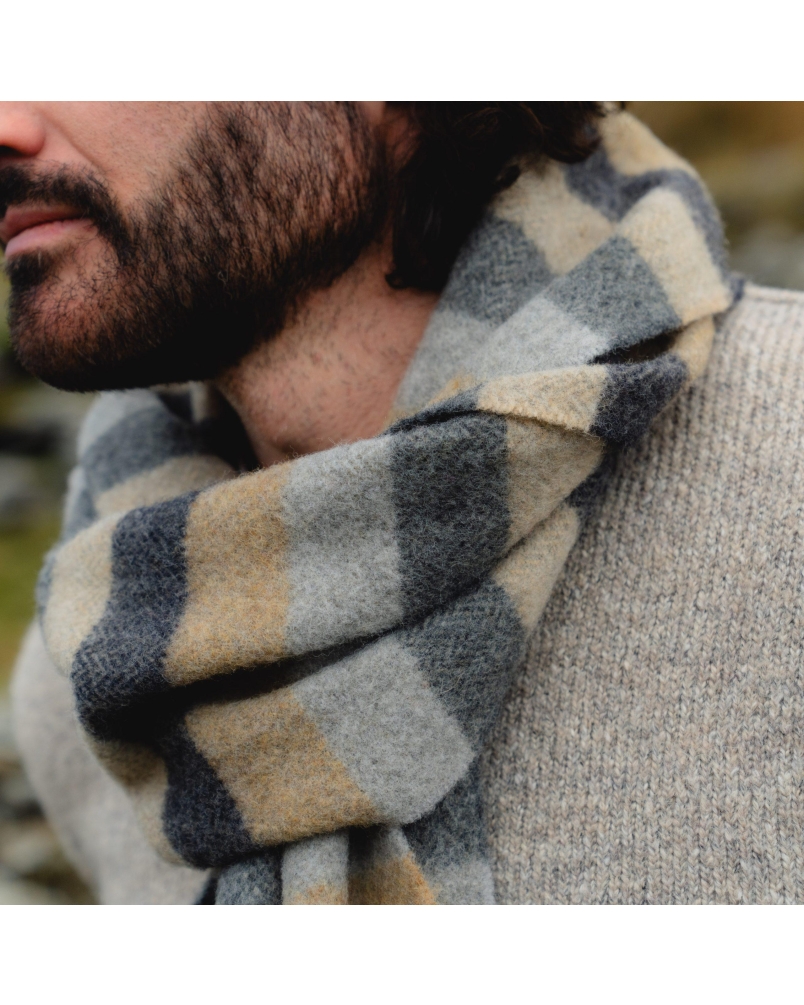 John Hanly Irish wool scarf grey/camel/silver stripe herringbone