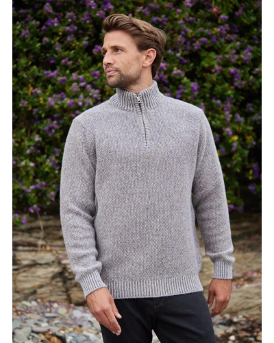 Fisherman Seed stitch zip neck sweater pebble