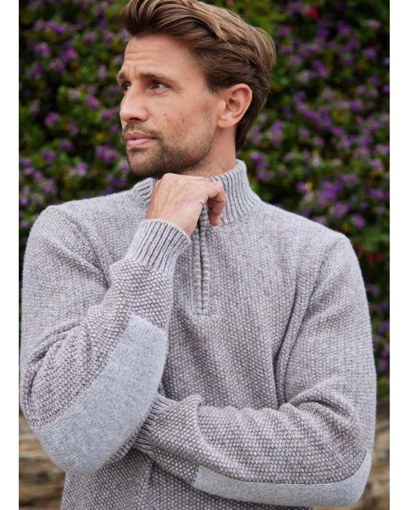 Fisherman Seed stitch zip neck sweater pebble