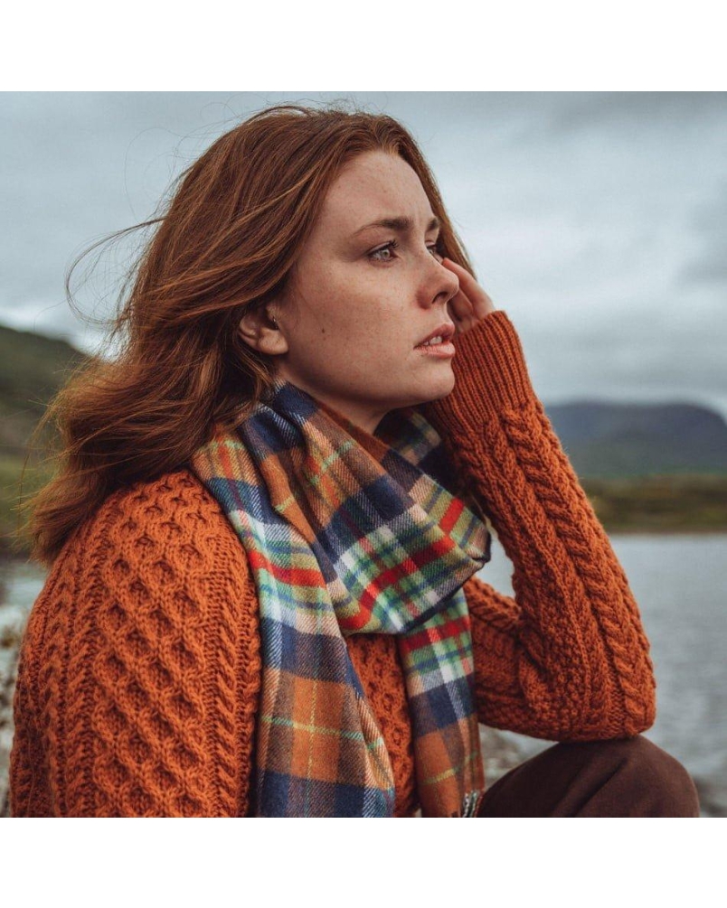 John Hanly Merino luxury wool scarf orange/navy/green check