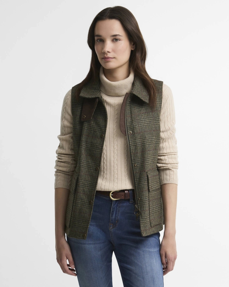Barbour Joyce wool gilet olive price of wales check