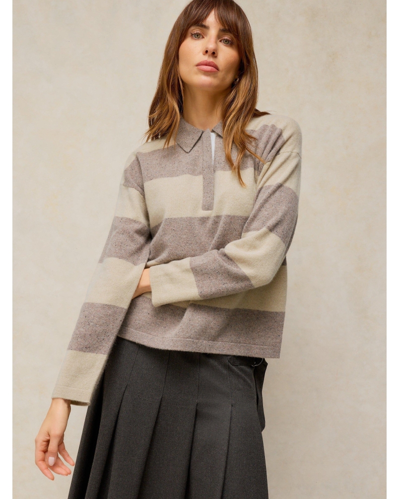 White Stuff Cashmere polo jumper nat mlt