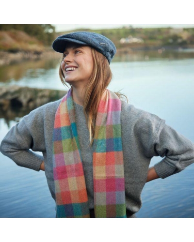 John Hanly Irish wool scarf green/pink/orange teal block check
