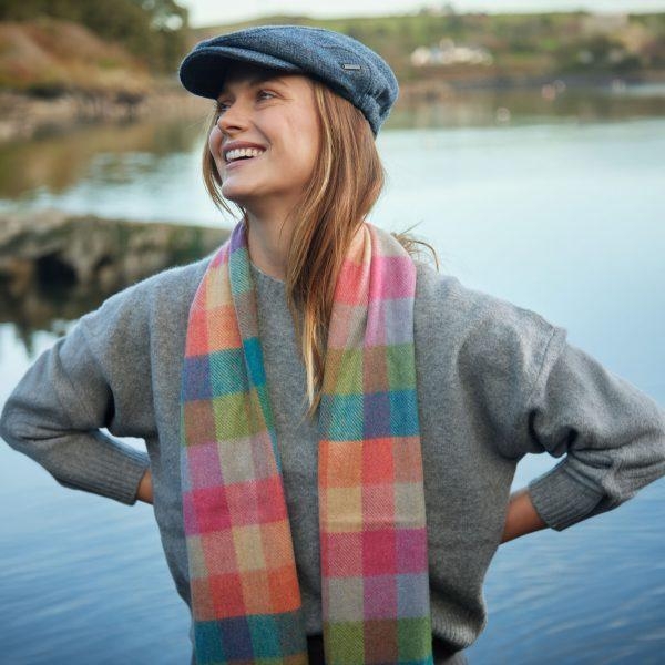 John Hanly Irish wool scarf green/pink/orange teal block check