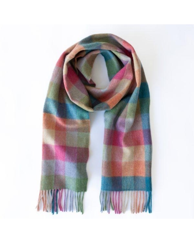 John Hanly Irish wool scarf green/pink/orange teal block check