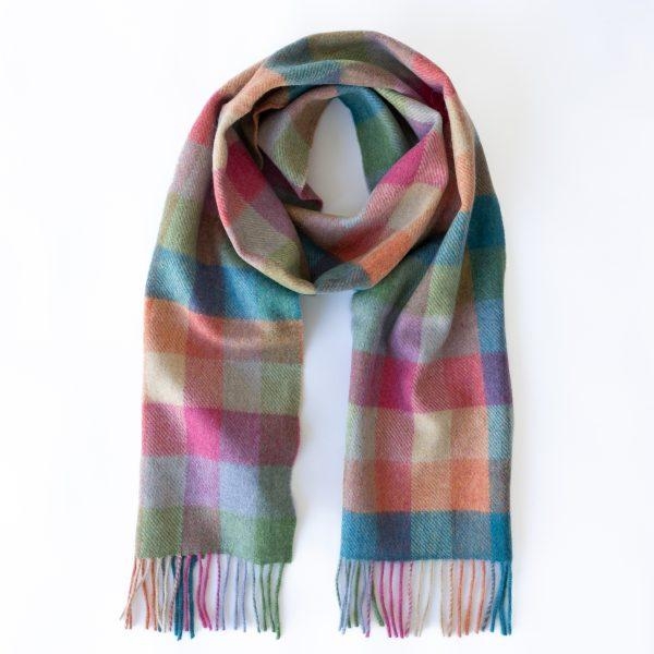 John Hanly Irish wool scarf green/pink/orange teal block check