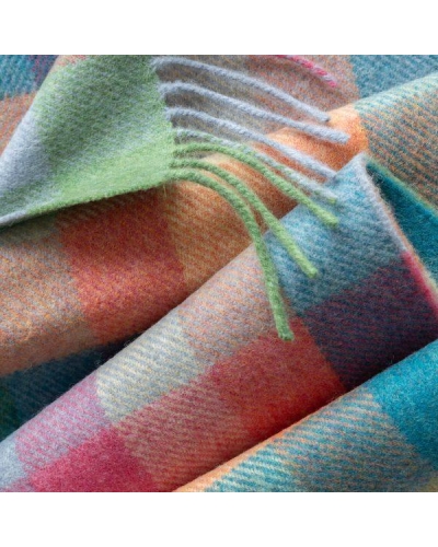 John Hanly Irish wool scarf green/pink/orange teal block check
