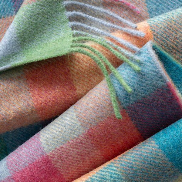 John Hanly Irish wool scarf green/pink/orange teal block check