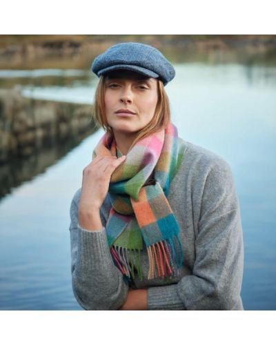 John Hanly Irish wool scarf green/pink/orange teal block check