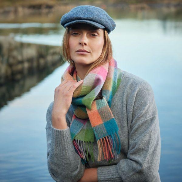 John Hanly Irish wool scarf green/pink/orange teal block check